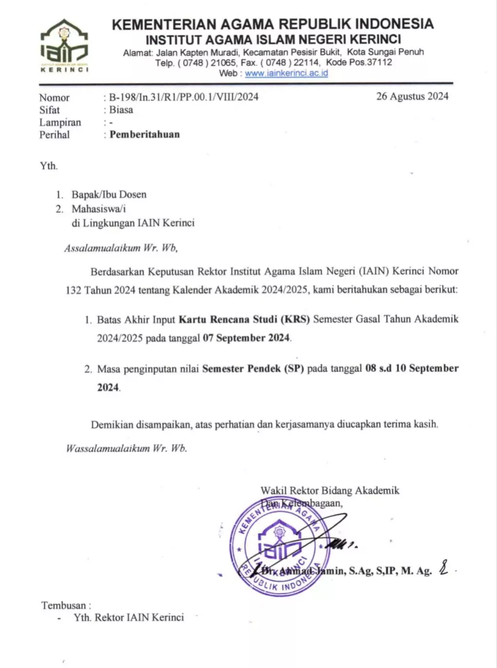 Deadline Pengisian KRS dan Penginputan Nilai Semester Pendek